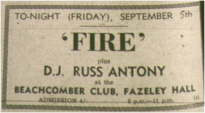 05/09/69 - Fire, Plus DJ Russ Anthony, Beachcomber Club, Fazeley Hall