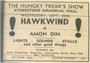 Hawkwind played the “Hungry Freaks Ball” at Atherstone Memorial Hall