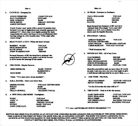 The first album put together by Lichfield Studio ‘The Reptile House’. It featured 10 bands including our very own Catch 23 and Never Say Die at a knockdown price of just £2.50