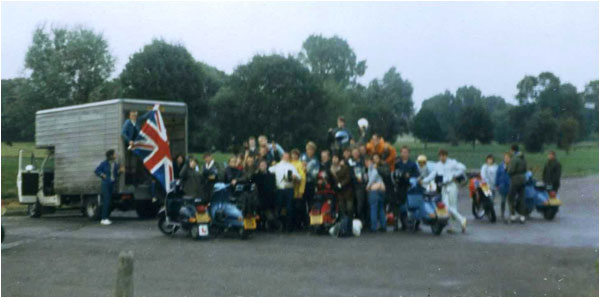 This picture was taken on Friday September 14, 1984 at The Square in Polesworth. It shows the start of the much publicised scooter convoy that guided the Dream Factory from Tamworth down to Weston-super-Mare for their first headline appearance at a scooter rally.
