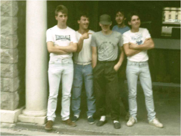 The Dream Factory outside the venue for the gig played at the scooter rally in Weston super Mare on Saturday Sept 15 1984. The photo was taken by a drunken scooter boy who was walking past and shows, left to right: Tim Goode, Lloyd Barnett, Mark Mortimer, Andy Codling and Steve Quilton.