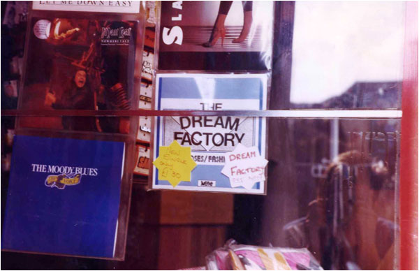 The shop window of LK Records in Aldergate, Tamworth showing the debut Dream Factory single "Wine & Roses" on display in March 1985.