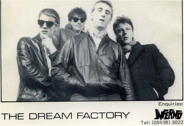 A publicity photo used by INFERNO RECORDS, the small indie label that The Dream Factory were signed to. This one was taken in 1985 at Polesworth and features left to right: Mark Mortimer (bass), Steve Quilton (drums), Tim Goode (vocals) and Lloyd Barnett (guitar).