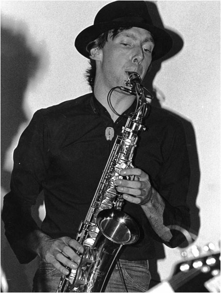 Andy "Sax" Codling of the Dream Factory (and afterwards Dance Stance) on stage at the Arts Centre in Tamworth, May 1984.