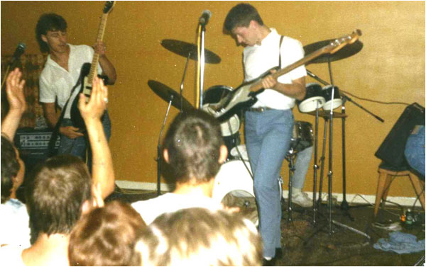 The Dream Factory take to the stage at Austrey Working Men's Club (which now no longer exists) in August 1984, greeted by the fanatical following they had developed. The pic shows Lloyd Barnett, Steve Quilton and Mark Mortimer.