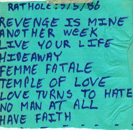 Set List : Rathole : 05/05/86