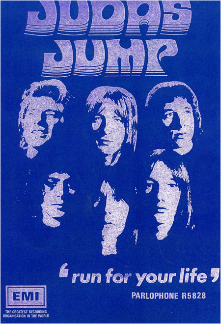 A promotional  advert for the band JUDAS JUMP featuring Charlie Harrison. A really rare advert for their single Run For Your Life on Parlophone.