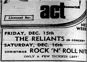 The Reliants at Tamworth Arts Centre, Tamworth Herald Advertisement (08/12/78)