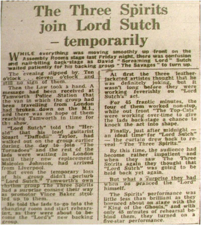 The Savages were late for the gig - promoter Vince Barker comes up to The Three Spirits and tells them to get backstage and start to learn Lord Sutch's set!!